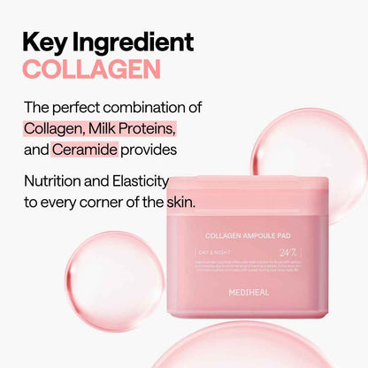 Collagen Ampoule Facial Toner Pads - Collagen &amp; Ceramide - Skin Firming &amp; Restore Elasticity &amp; Deep Hydration - Tighten Wrinkles &amp; Lines - Vegan Eco Silk Fabric