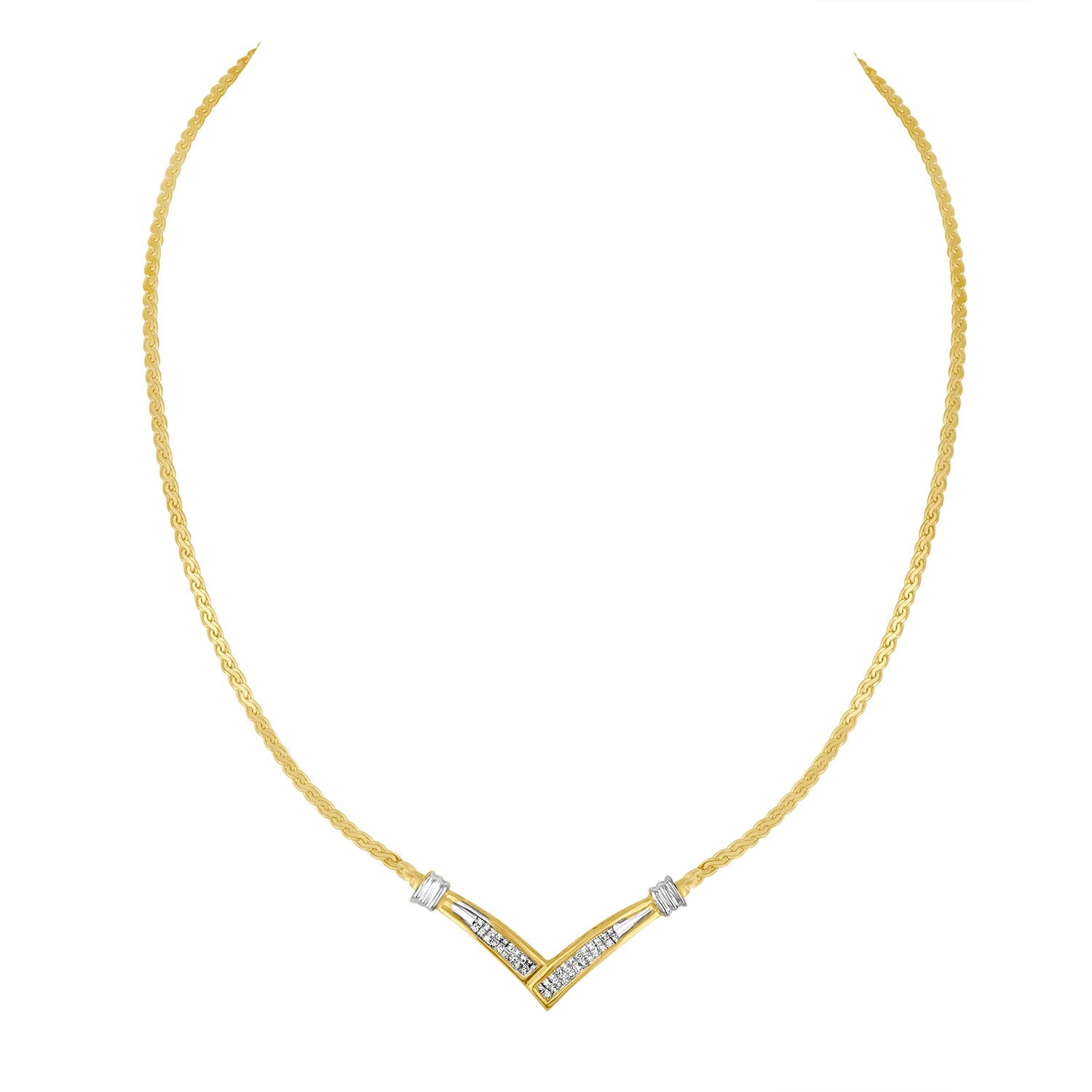 10K Yellow and White Gold 1/2 Cttw Princess Cut Diamond Channel-Set â€œVâ€ Shape 18" Franco Chain Necklace (H-I Color, SI2-I1 Clarity) by Bids.com