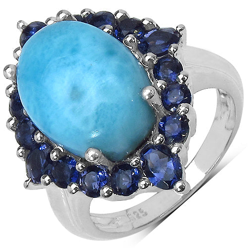 7.67 Carat Genuine Larimar and Iolite .925 Sterling Silver Ring  DestGlow