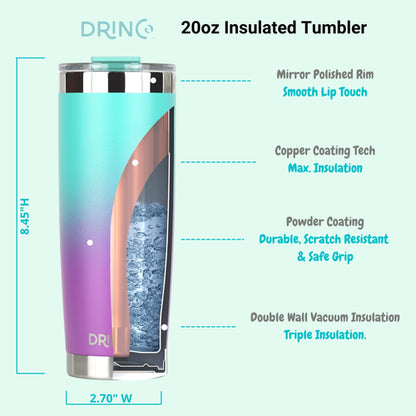 DRINCO 20oz Insulated Tumbler with Spill-Proof Lid & 2 Straws - Ombre Teal Stainless Steel Travel Mug
