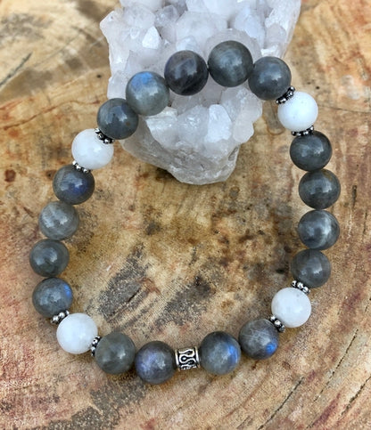 Blue Flash Labradorite & Rainbow Moonstone Stretch Bracelet - 7 Inch