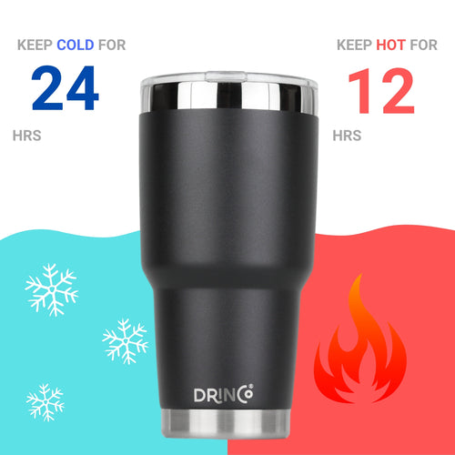DRINCO 30oz Insulated Tumbler with Spill-Proof Lid & 2 Straws - Black Stainless Steel Travel Mug