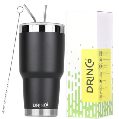 DRINCO 30oz Insulated Tumbler with Spill-Proof Lid & 2 Straws - Black Stainless Steel Travel Mug