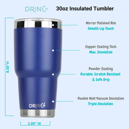 DRINCO 30oz Insulated Tumbler with Spill-Proof Lid & 2 Straws - Royal Blue Stainless Steel Travel Mug