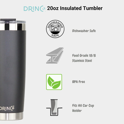 DRINCO 20oz Insulated Tumbler with Spill-Proof Lid & 2 Straws - Black Stainless Steel Travel Mug
