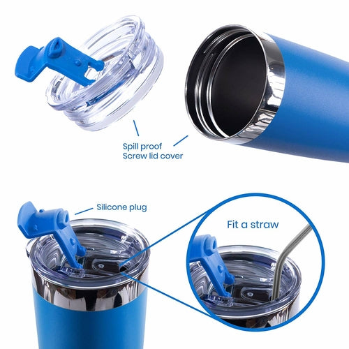 DRINCO 20oz Insulated Tumbler with Spill-Proof Lid & 2 Straws - Royal Blue Stainless Steel Travel Mug