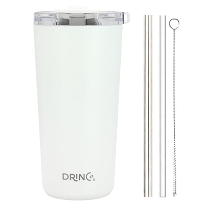 DRINCO 20oz Insulated Tumbler with Spill-Proof Lid & 2 Straws - Arctic White Stainless Steel Travel Mug