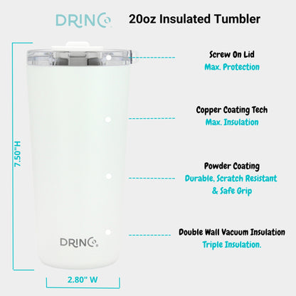 DRINCO 20oz Insulated Tumbler with Spill-Proof Lid & 2 Straws - Arctic White Stainless Steel Travel Mug