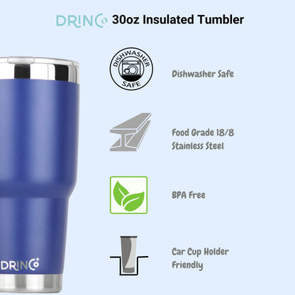 DRINCO 30oz Insulated Tumbler with Spill-Proof Lid & 2 Straws - Royal Blue Stainless Steel Travel Mug