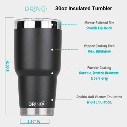 DRINCO 30oz Insulated Tumbler with Spill-Proof Lid & 2 Straws - Black Stainless Steel Travel Mug