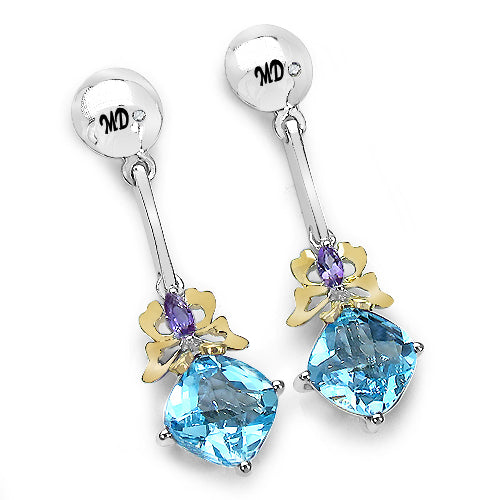 5.55 Carat Genuine Blue Topaz, Amethyst &amp; White Diamond .925 Sterling Silver Earrings by Bids.com