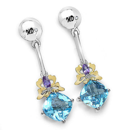5.55 Carat Genuine Blue Topaz, Amethyst &amp; White Diamond .925 Sterling Silver Earrings by Bids.com