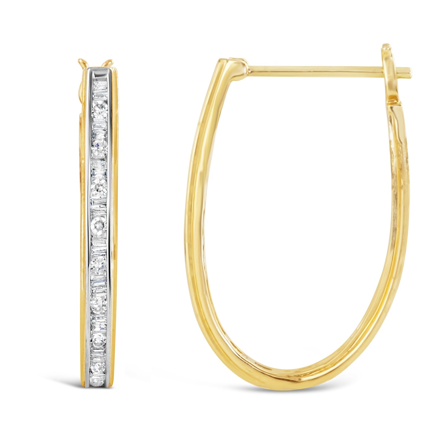 10K Yellow Gold 1.00 Cttw Round and Baguette-Cut Diamond U-Hoop Earrings (H-I Color, SI2-I1 Clarity) by Bids.com