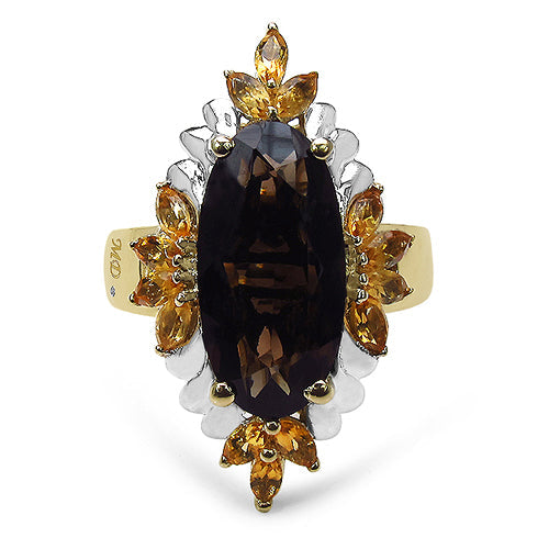 14K Yellow Gold Plated 7.07 Carat Genuine Smoky Quartz, Citrine &amp; White Diamond .925 Sterling Silver Ring by Bids.com