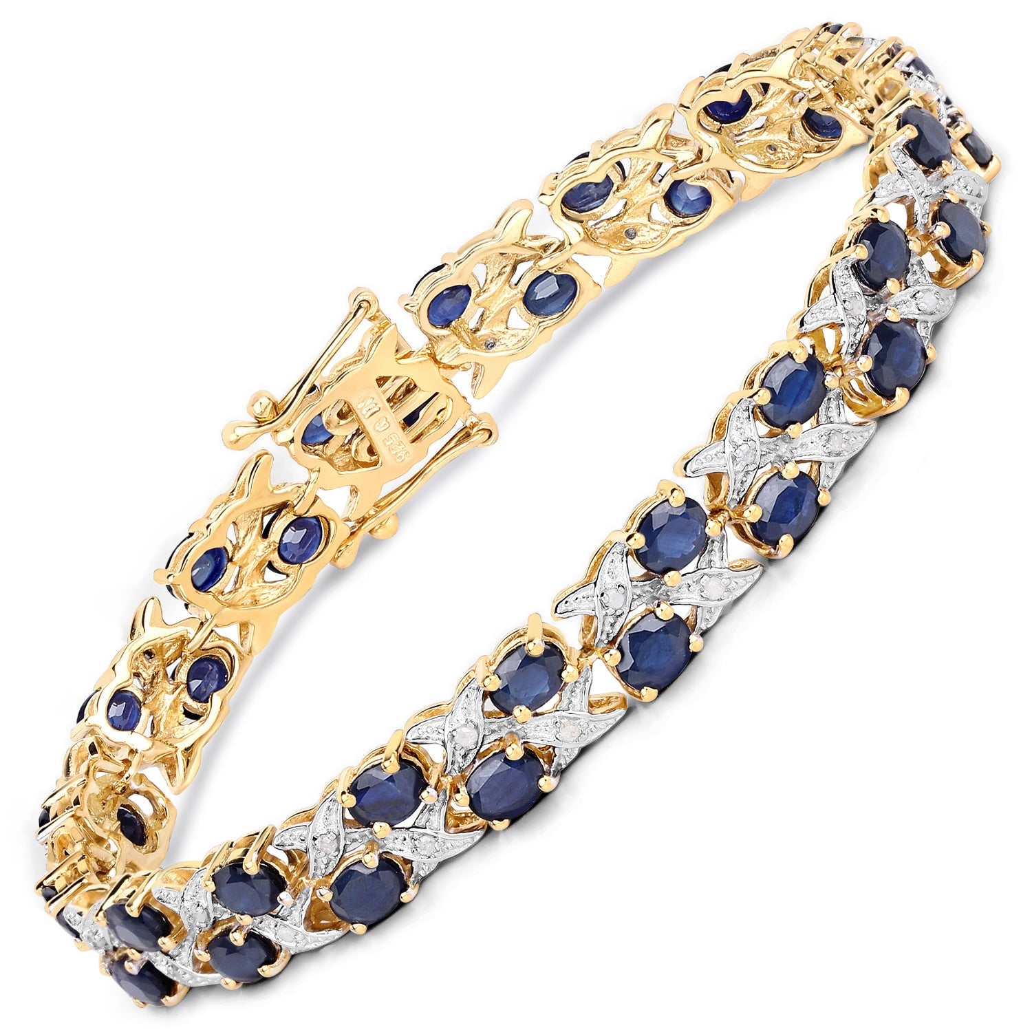 14K Yellow Gold Plated 12.53 Carat Genuine Blue Sapphire and White Diamond .925 Sterling Silver Bracelet by Bids.com