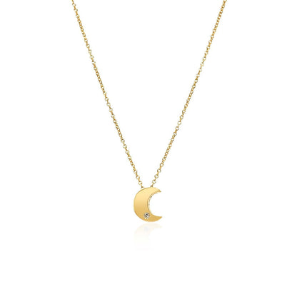14k Yellow Gold Polished Moon Necklace with Diamond  DestGlow