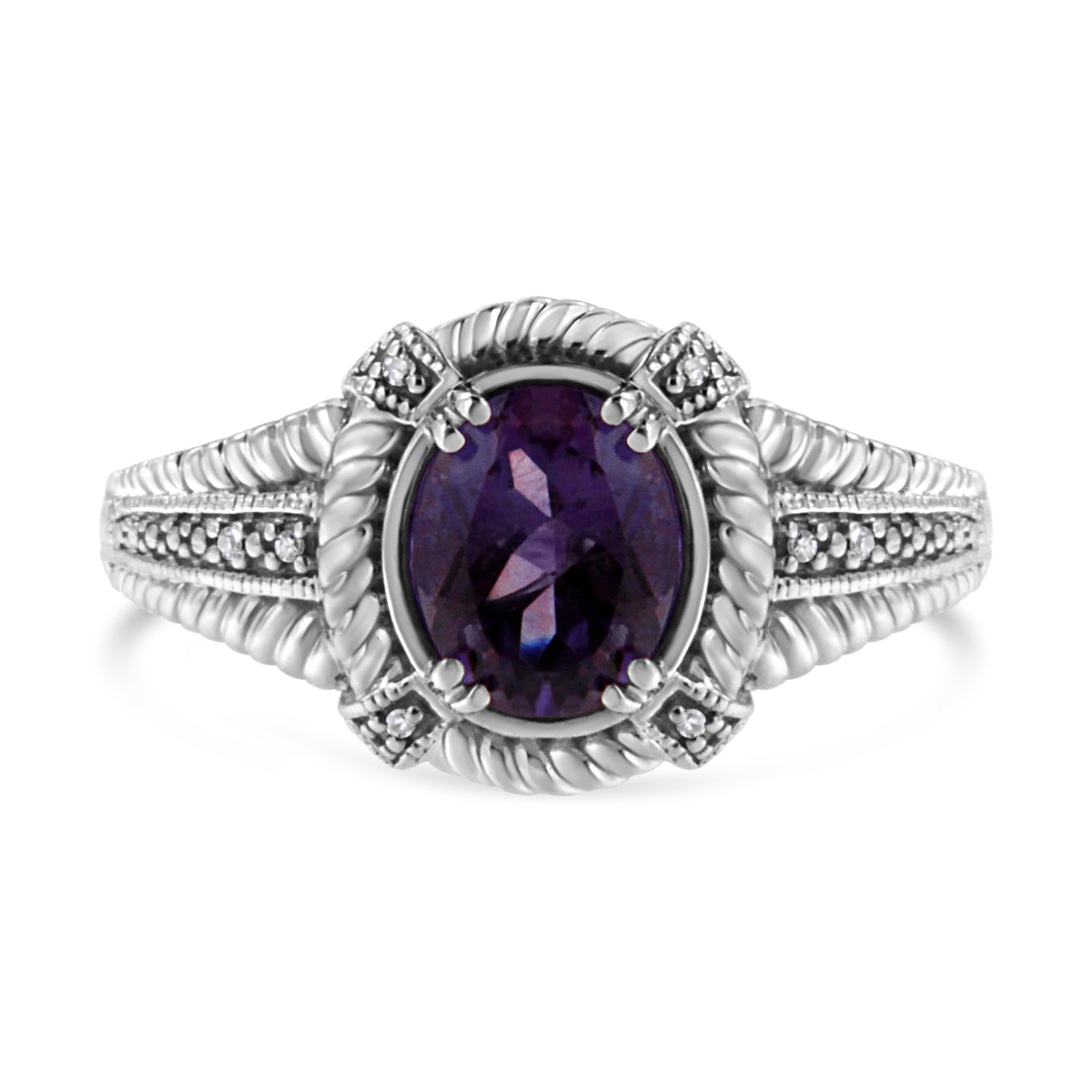 .925 Sterling Silver Prong Set Natural Oval Shape 9X7 MM Purple Amethyst Solitaire and Diamond Accent Ring (I-J Color, I1-I2 Clarity) - Ring Size 7 by Bids.com
