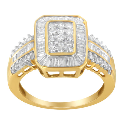 10K Yellow Gold Round and Baguette-Cut Diamond Cluster Ring (1.0 Cttw, I-J Color, SI1-SI2 Clarity) - Size 7 by Bids.com