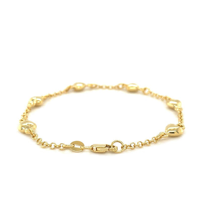 14k Yellow Gold Rolo Chain Bracelet with Puffed Heart Stations by Bids.com