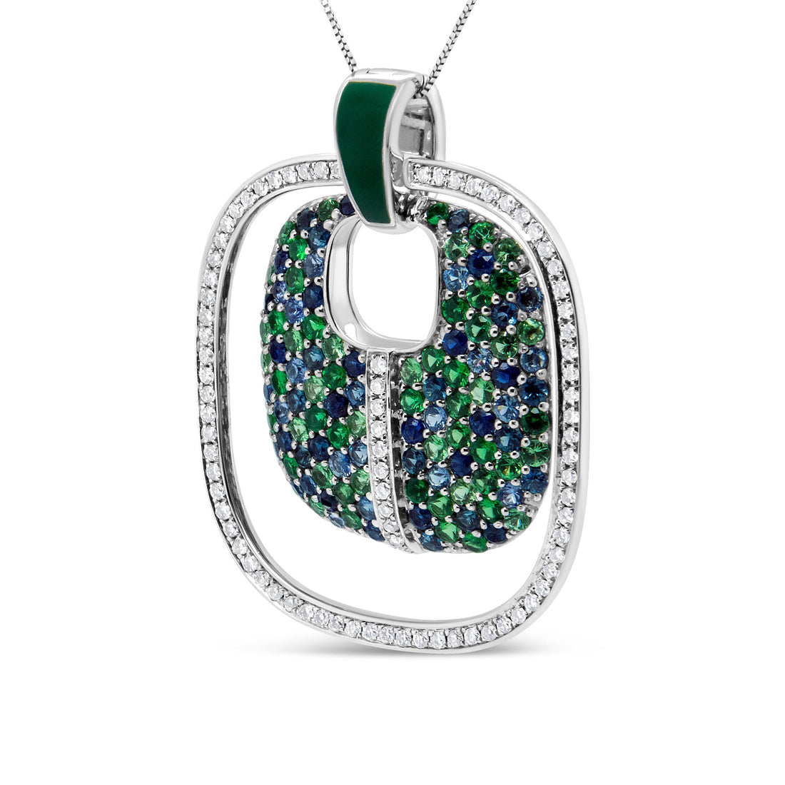.925 Sterling Silver Green Enamel Pendant with 1/2 Cttw Diamond, Sapphire, and Tsavorite Openwork Statement 18" Pendant Necklace (F-G Color, VS1-VS2 Clarity) by Bids.com