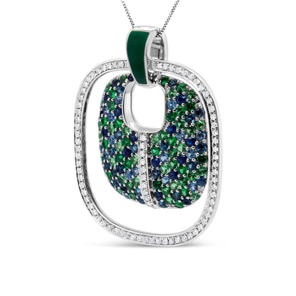 .925 Sterling Silver Green Enamel Pendant with 1/2 Cttw Diamond, Sapphire, and Tsavorite Openwork Statement 18" Pendant Necklace (F-G Color, VS1-VS2 Clarity) by Bids.com