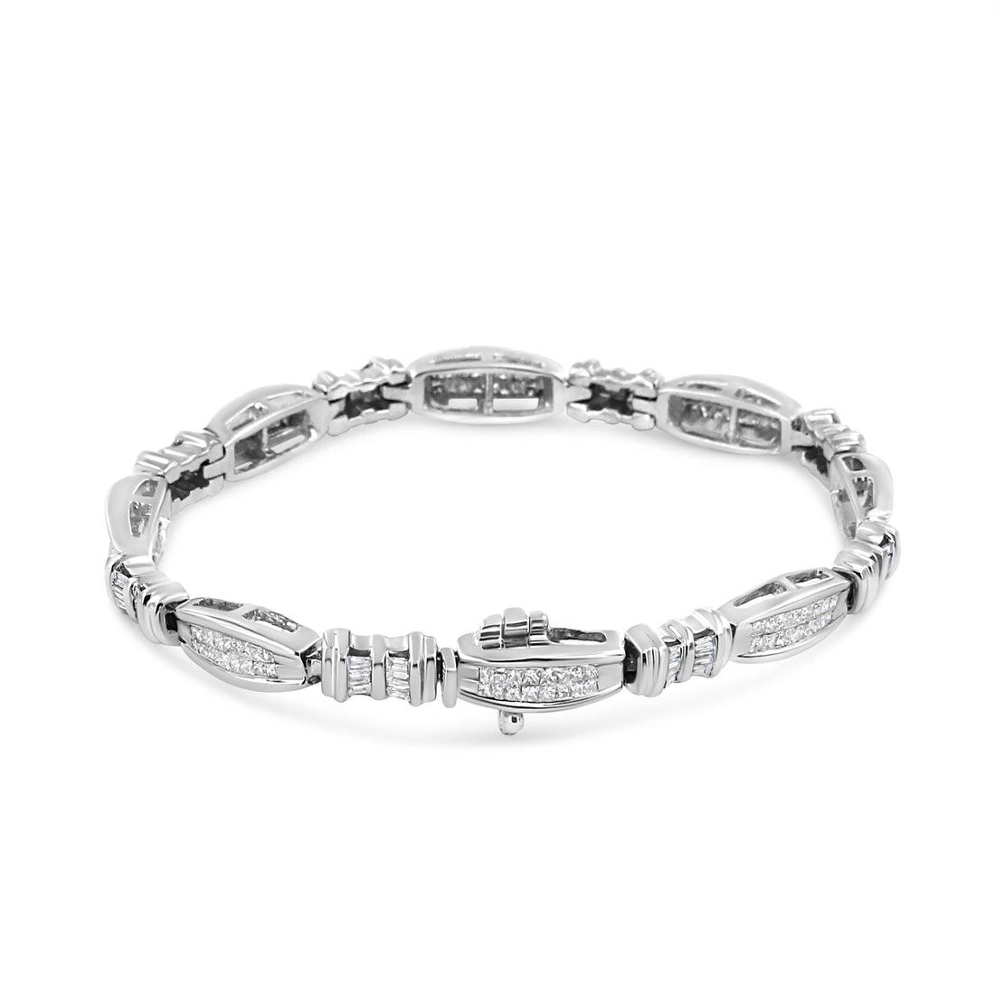 14K White Gold 2.0 Cttw Channel-Set Alternating Baguette and Princess-Cut Diamond Link Bracelet (H-I Color, SI2-I1 Clarity) - Size 7 by Bids.com