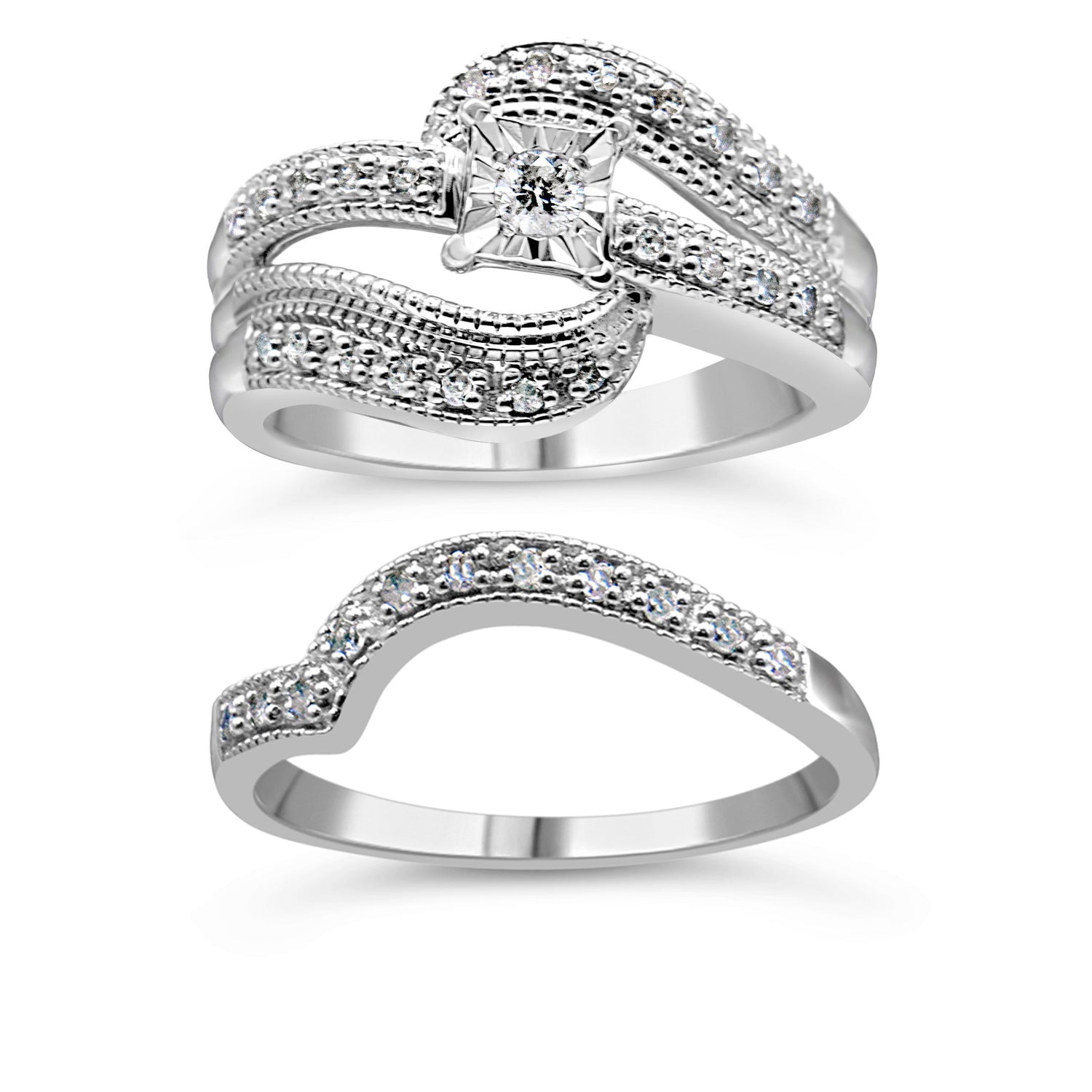 .925 Sterling Silver 1/3 Cttw Round Diamond Crisscross Engagement Ring Bridal Set (H-I Color, I1-I2 Clarity ) - Size 7 by Bids.com