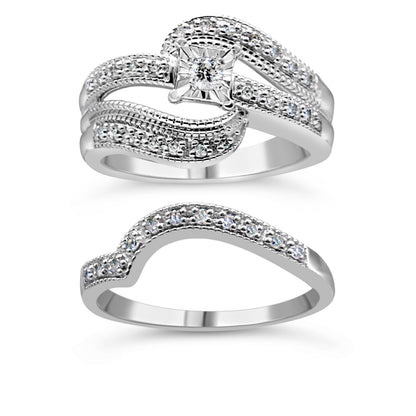 .925 Sterling Silver 1/3 Cttw Round Diamond Crisscross Engagement Ring Bridal Set (H-I Color, I1-I2 Clarity ) - Size 7 by Bids.com