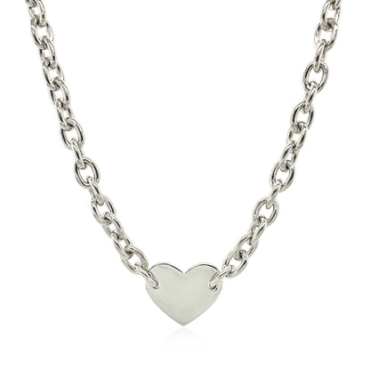 Sterling Silver Rhodium Plated Chain Bracelet with a Flat Heart Motif Station by Bids.com