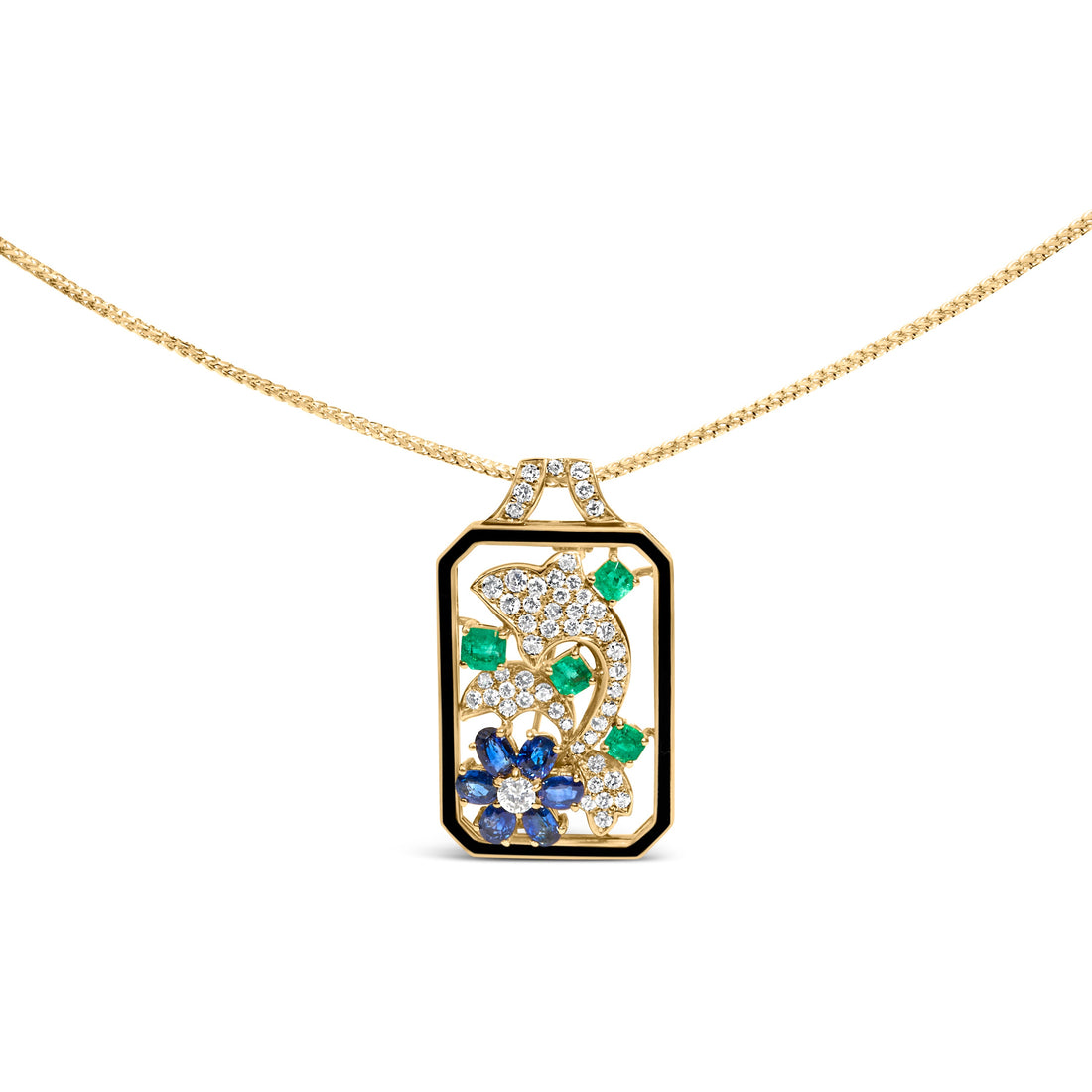 18K Yellow Gold 2 1/3 Cttw Diamond, Sapphire, and Emerald Dog Tag with Dolphin Silhouette Convertible 18" Pendant Necklace and Brooch (G-H Color, SI1-SI2 Clarity) by Bids.com