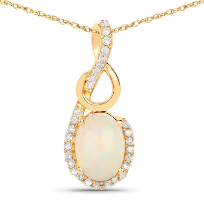 0.56 Carat Genuine Ethiopian Opal and White Diamond 14K Yellow Gold Pendant  DestGlow