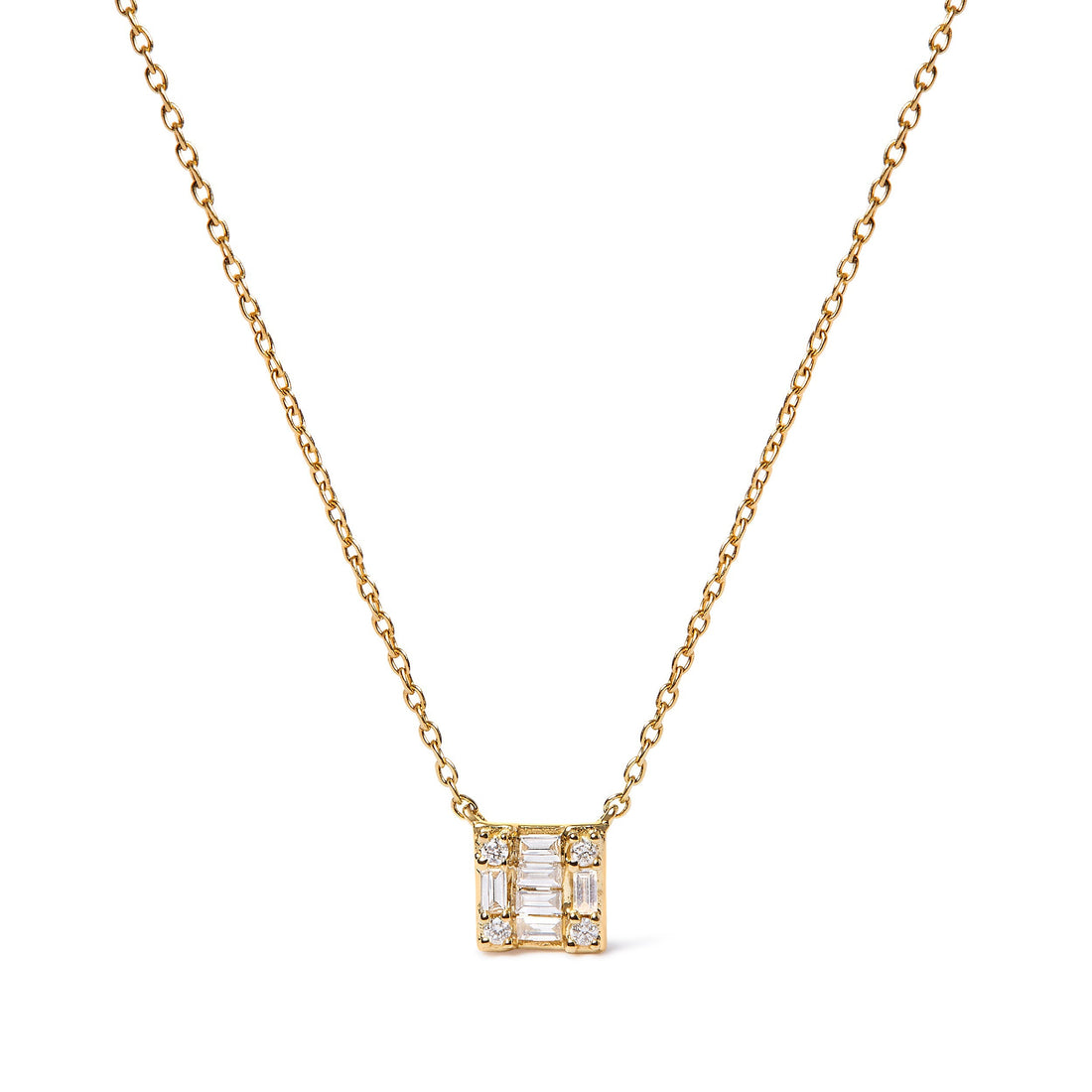10K Yellow Gold 1/10 Cttw Round and Baguette Diamond Mosaic Composite Square 18" Inch Pendant Necklace (H-I Color, I1-I2 Clarity) by Bids.com