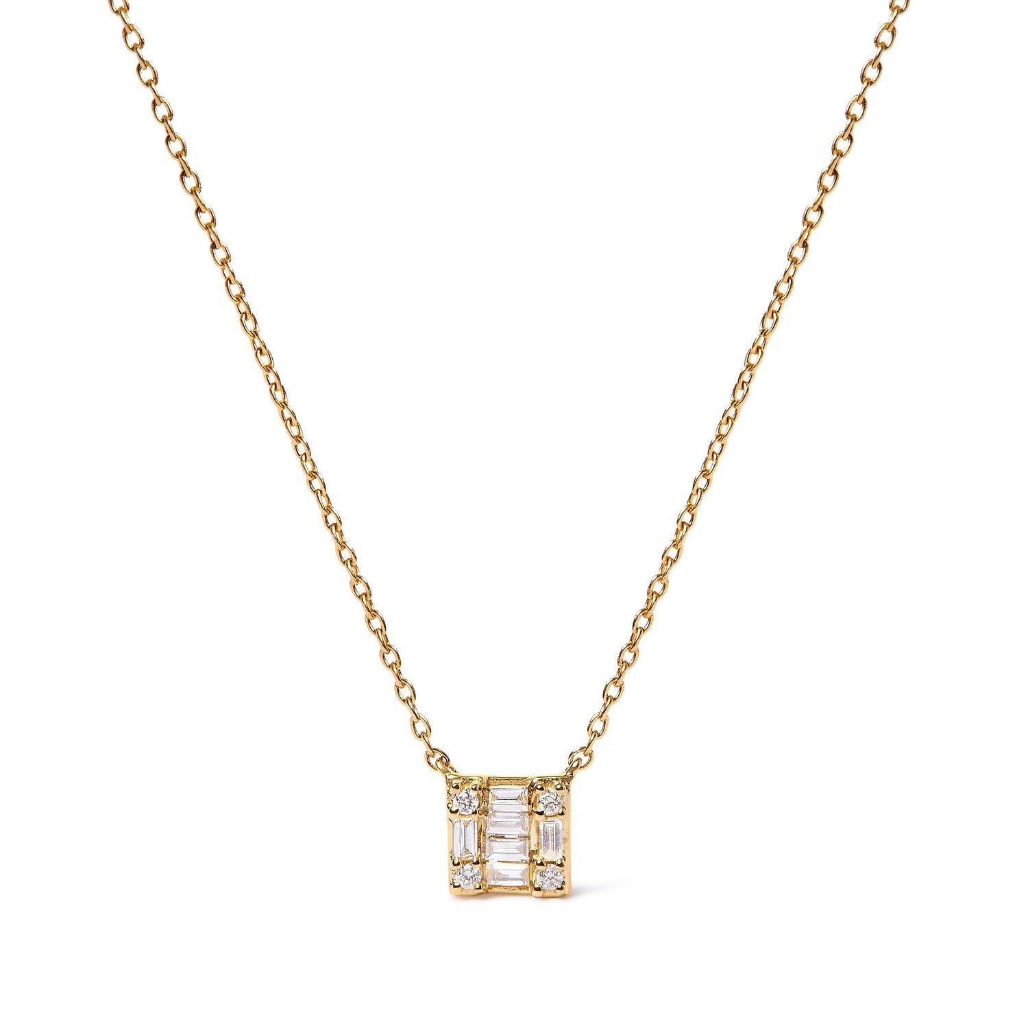 10K Yellow Gold 1/10 Cttw Round and Baguette Diamond Mosaic Composite Square 18" Inch Pendant Necklace (H-I Color, I1-I2 Clarity) by Bids.com