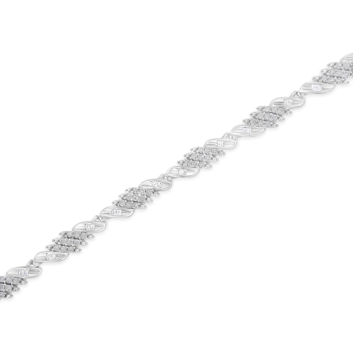 .925 Sterling Silver 1-1/2 Cttw Round and Baguette Cut Diamond Wave Link Bracelet (I-J Color, I2-I3 Clarity) - 7" by Bids.com