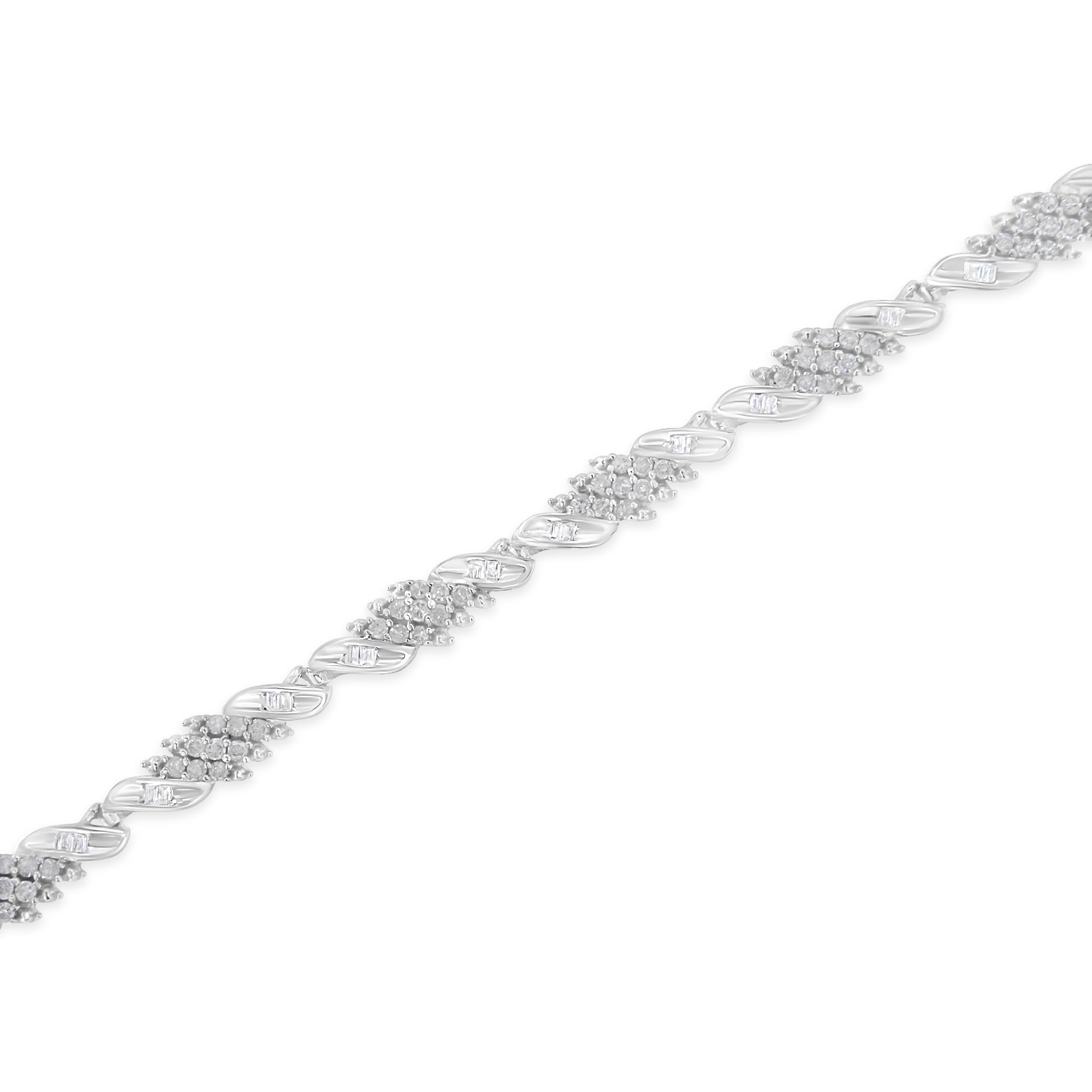 .925 Sterling Silver 1-1/2 Cttw Round and Baguette Cut Diamond Wave Link Bracelet (I-J Color, I2-I3 Clarity) - 7" by Bids.com