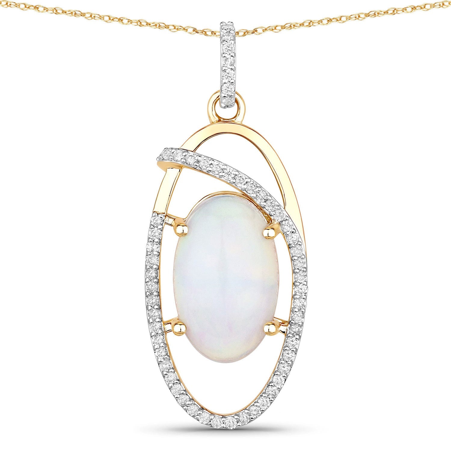3.59 Carat Genuine Ethiopian Opal and White Diamond 14K Yellow Gold Pendant by Bids.com
