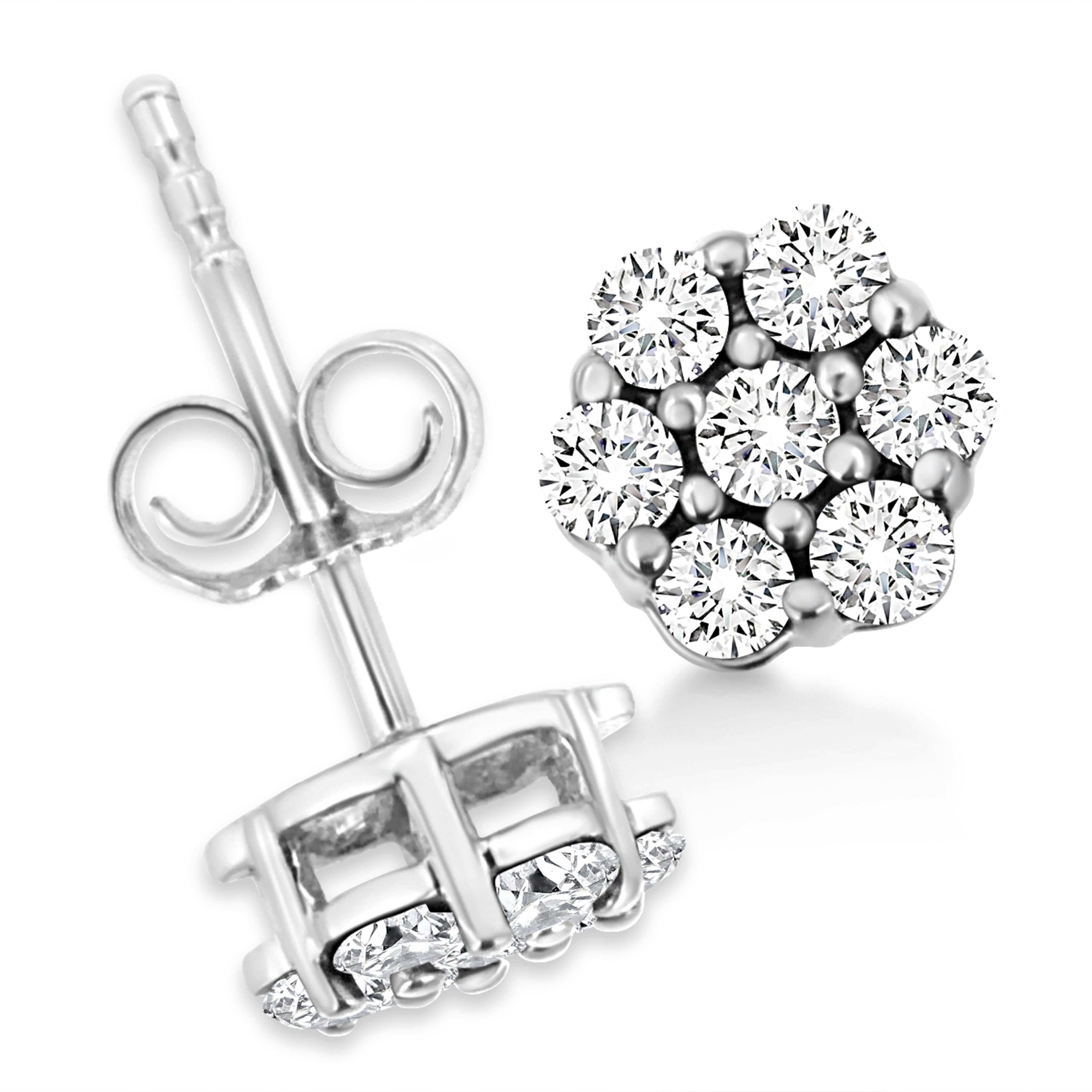 14K White Gold 1/2 Cttw Prong Set Round-Cut Diamond Flower Stud Earring (H-I Color, I1-I2 Clarity) by Bids.com