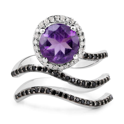2.31 Carat Genuine Amethyst, Black Spinel and White Diamond .925 Sterling Silver Ring by Bids.com