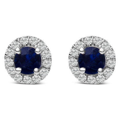 10K White Gold 3.25mm x 3.25mm Round Blue Sapphire and 1/10 Cttw Diamond Halo Stud Earrings (I-J Color, I1-I2 Clarity) by Bids.com