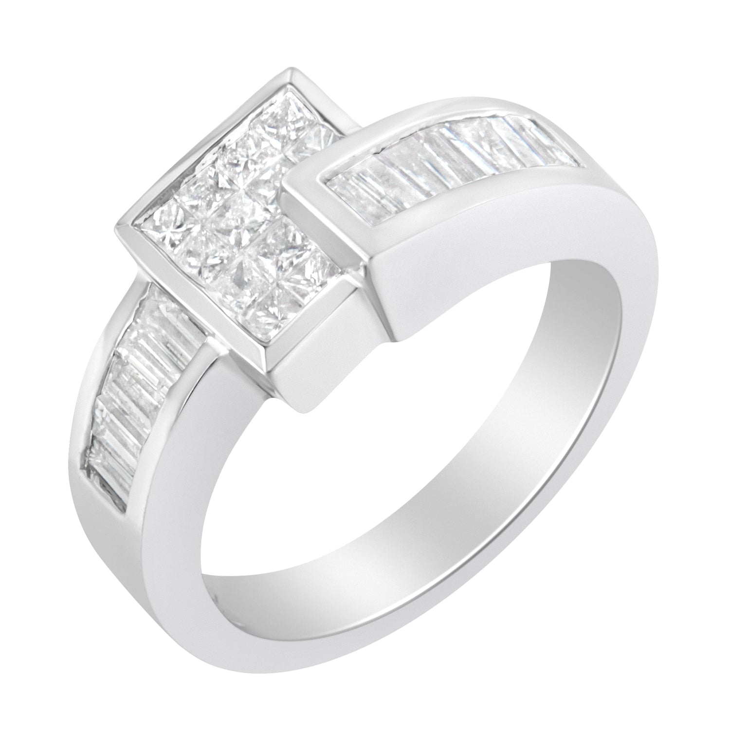 14K White Gold Princess and Baguette-cut Diamond Ring (1 1/3 Cttw, G-H Color, SI2-I1 Clarity) - Size 6-3/4  DestGlow
