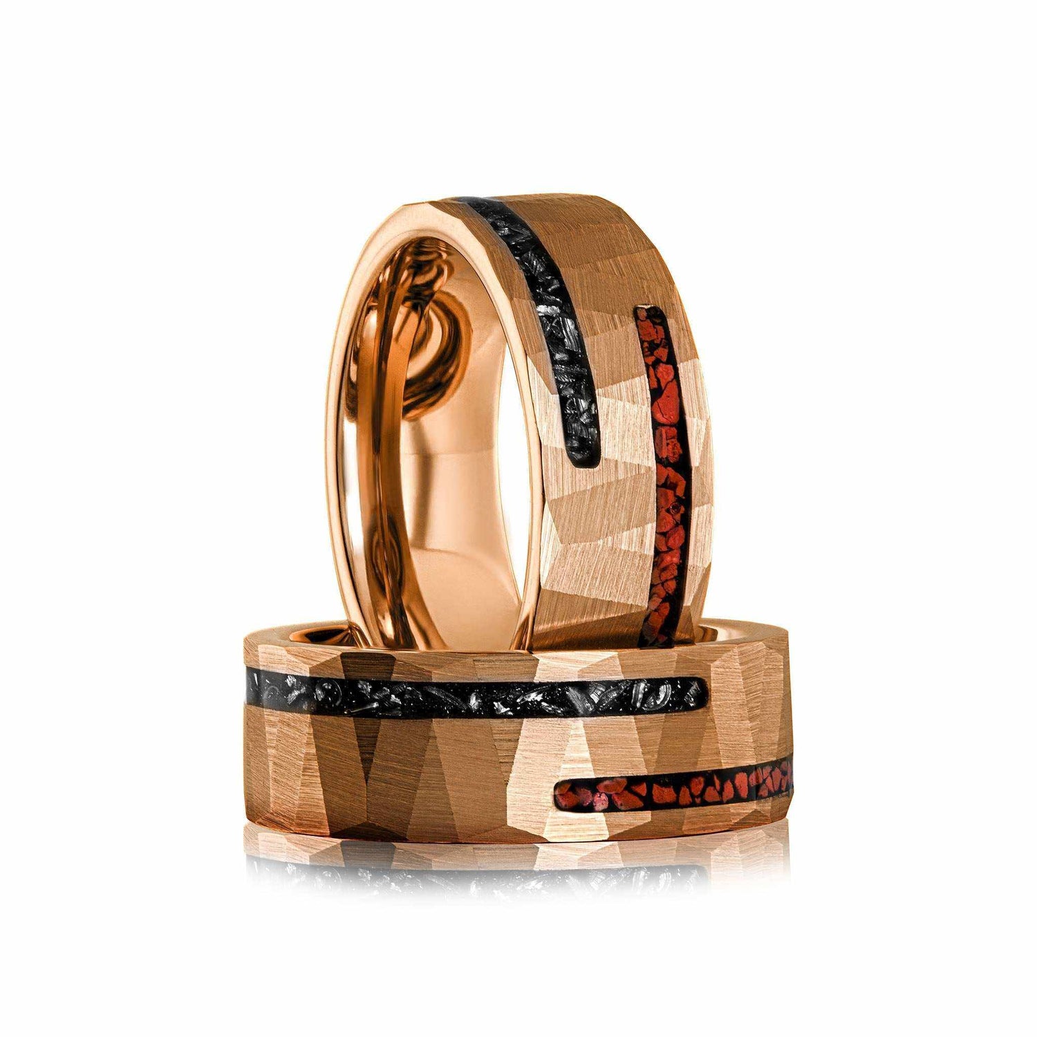 Dinosaur Bone &amp; Meteorite Ring Tungsten Carbide Wedding Band - DestGlow