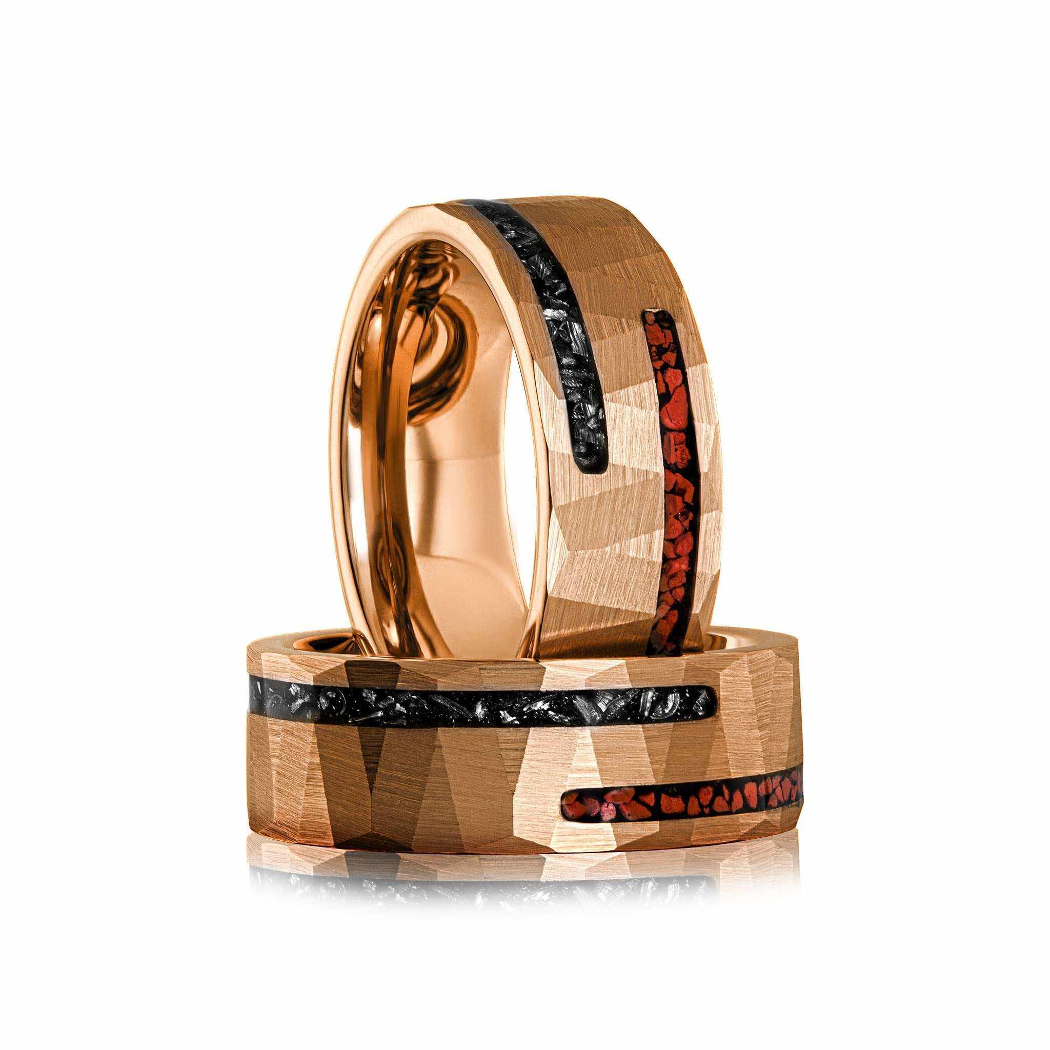 Dinosaur Bone &amp; Meteorite Ring Tungsten Carbide Wedding Band - DestGlow