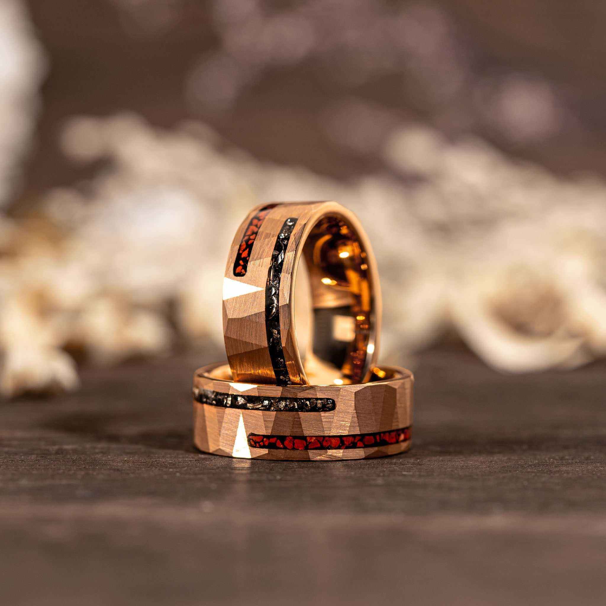 Dinosaur Bone &amp; Meteorite Ring Tungsten Carbide Wedding Band
