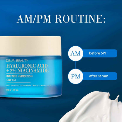 DISURI Hyaluronic Acid Intense Hydration Cream – Korean Barrier-Boosting Moisturizer with Triple HA + 2% Niacinamide