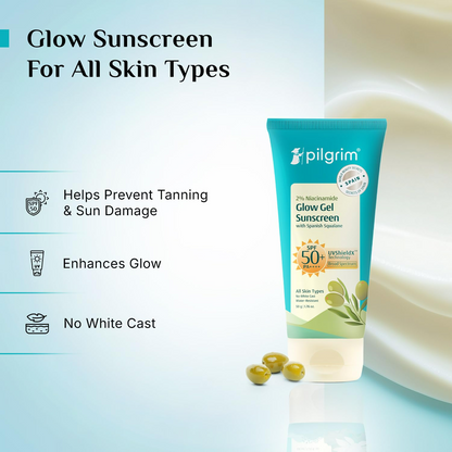 Pilgrim 2% Niacinamide Glow Sunscreen SPF 50 +++ Enhances Glow, Broad spectrum, Non-greasy, No white cast &amp; Prevents Tanning