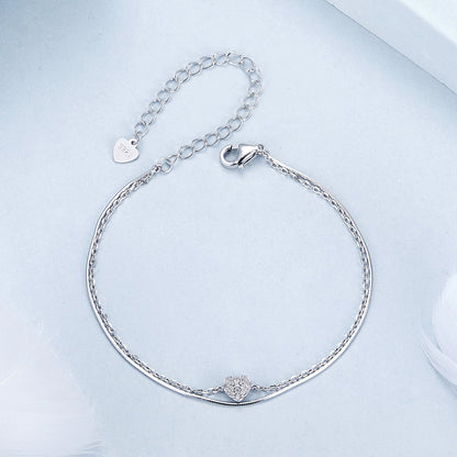 925 Sterling Silver White Gold Plated Heart-Shaped Bracelet with CZ, Length 150+60mm  DestGlow