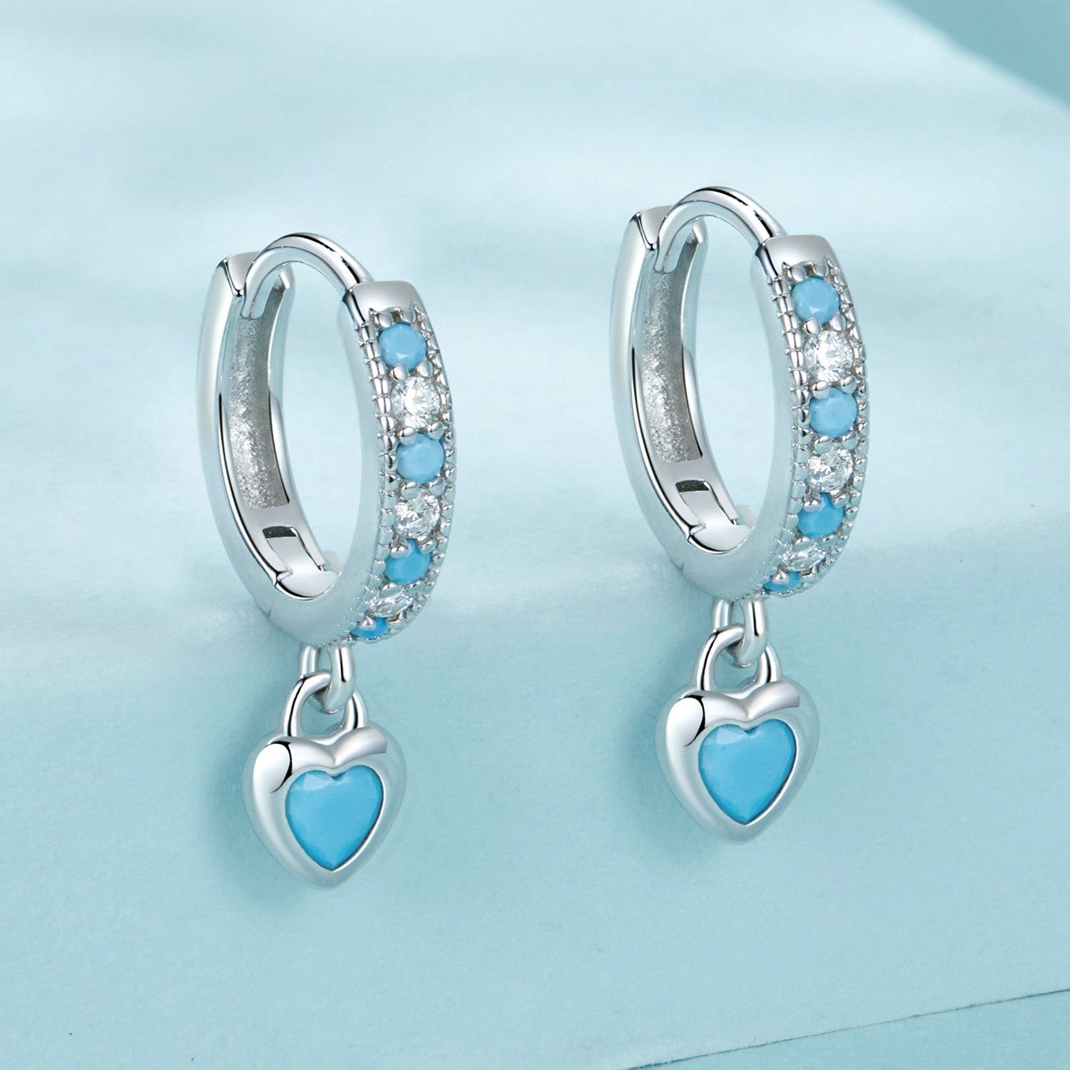 925 Sterling Silver Earrings with Synthetic Turquoise and CZ - White Gold Plated  DestGlow
