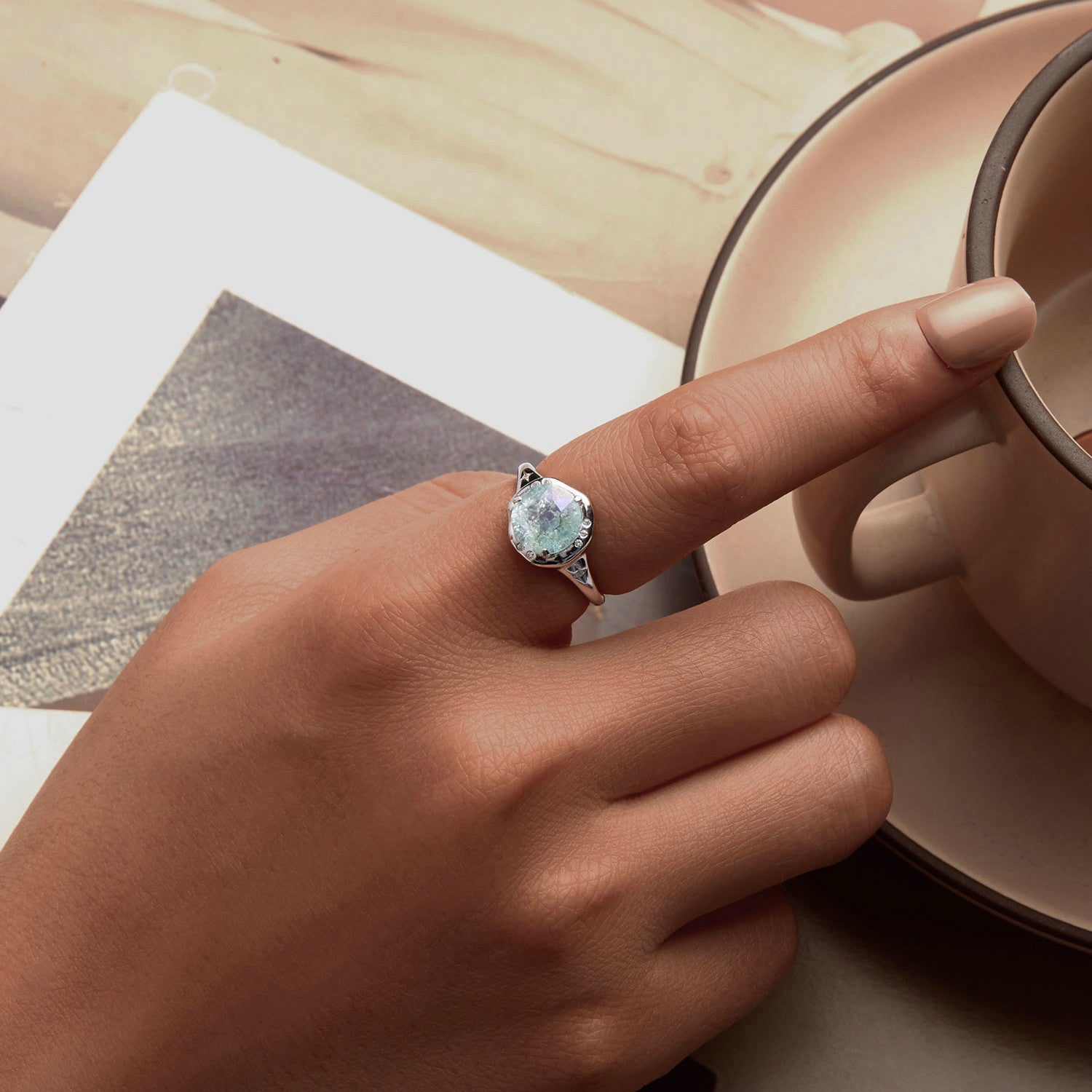 925 Sterling Silver Ring Size 6.0 with 11mm CZ &amp; Transparent Glass for Women  DestGlow