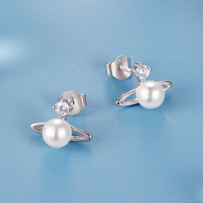 925 Sterling Silver Earrings with White Gold Plating and Shell Pearl  DestGlow
