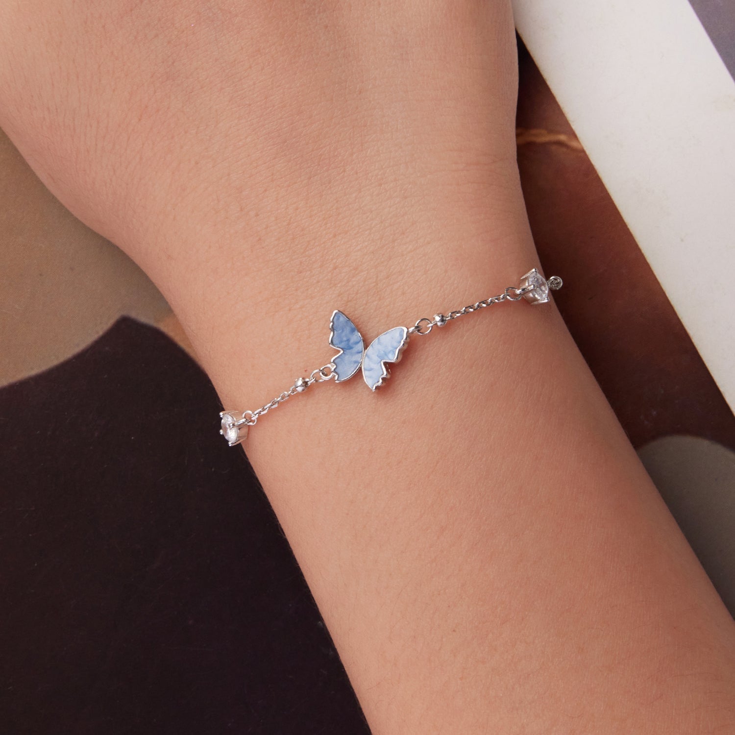 925 Sterling Silver White Gold Plated Bracelet with Enamel and CZ - 15+6cm Length  DestGlow